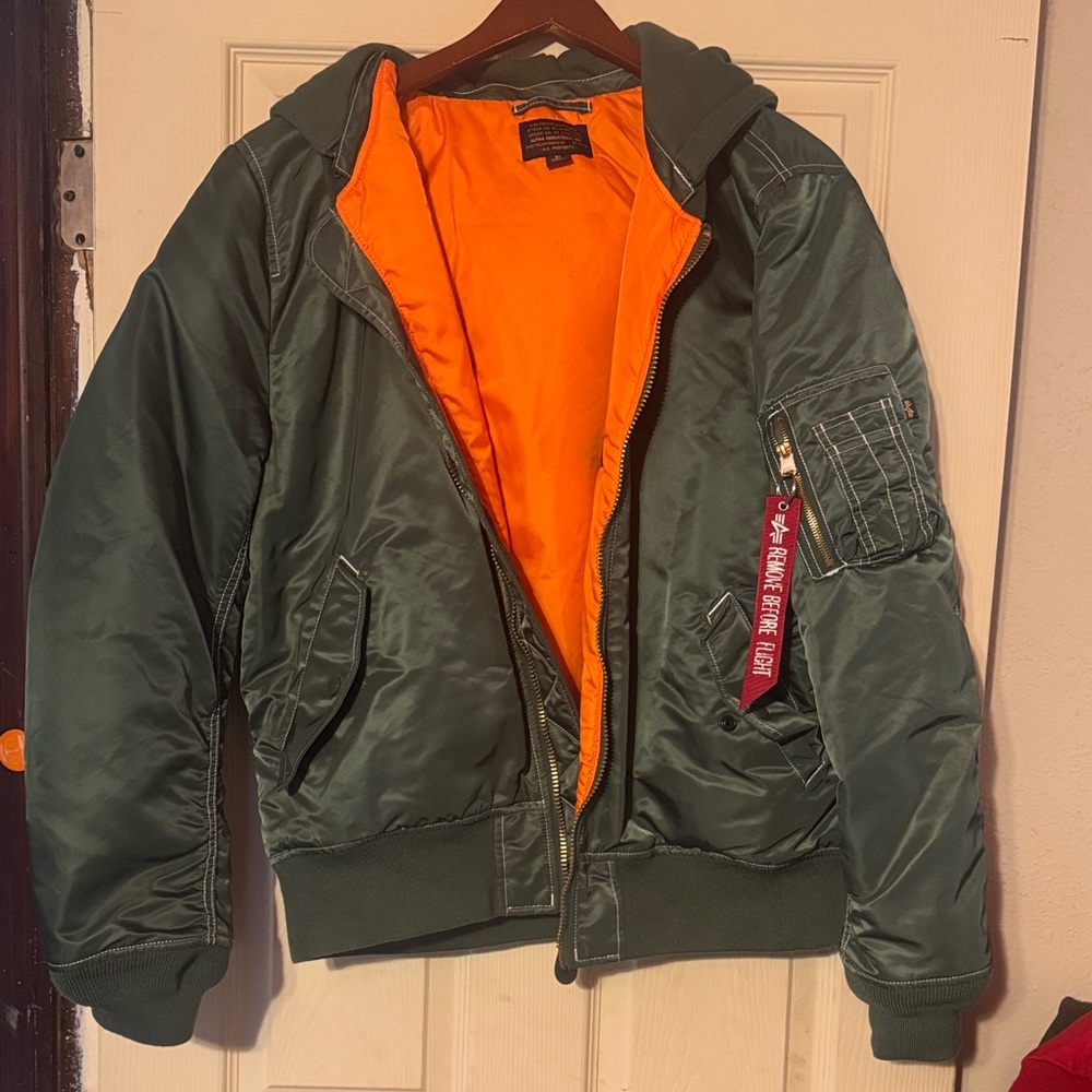 Green Bomber Jacket with Orange Lining